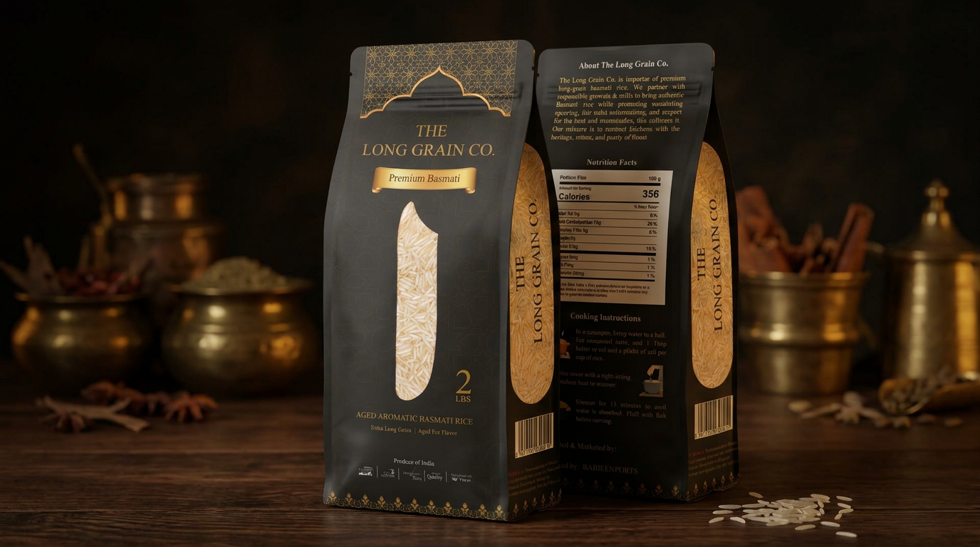 The Long Grain Co. Premium Basmati Rice bags showing front and back packaging